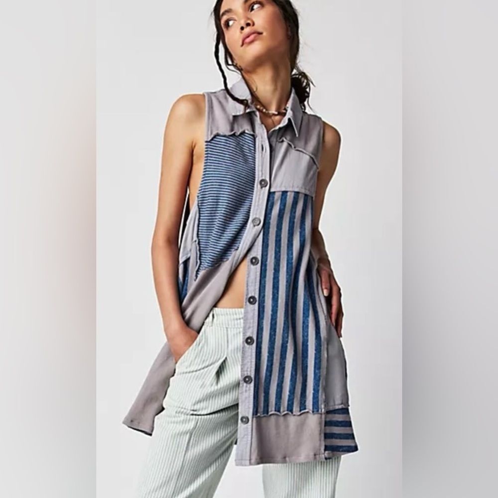 Free People Santana Patchwork Denim Shirt Mini Dress 100% Cotton Relaxed Small